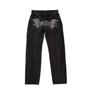 Prosecute Black Rhinestone Graphic Jeans Y2K Streetwear Baggy Denim size 30